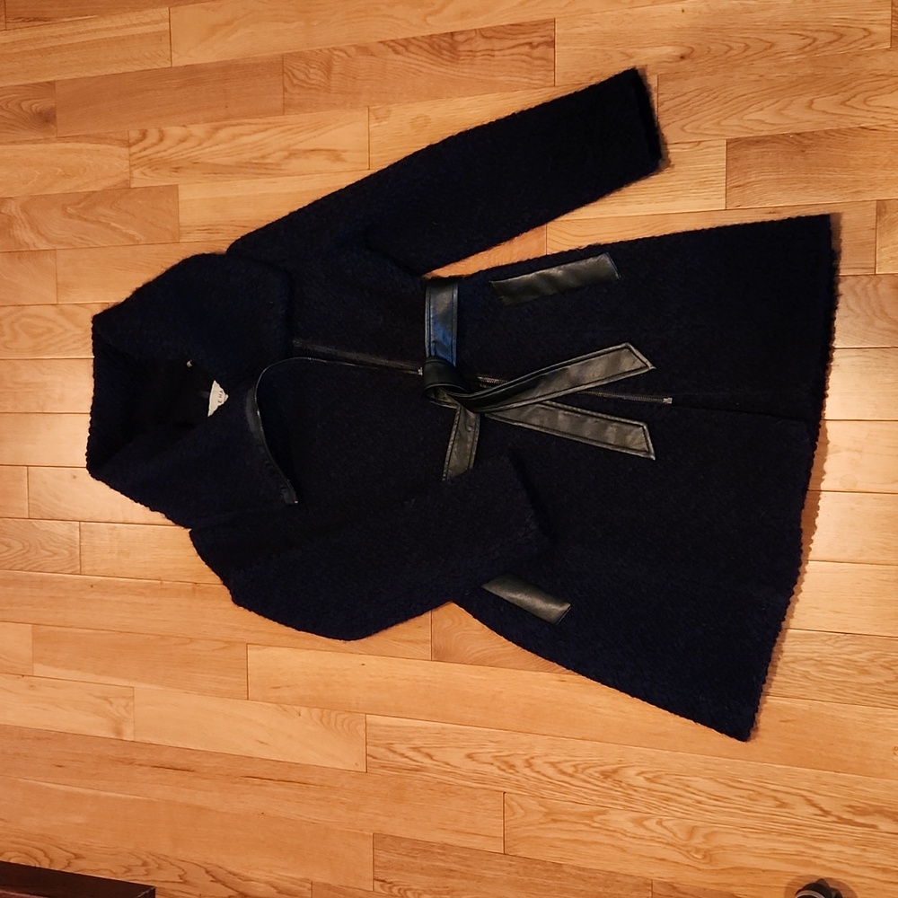 Cole Haan Signature wool blend coat. Navy with black faux leather